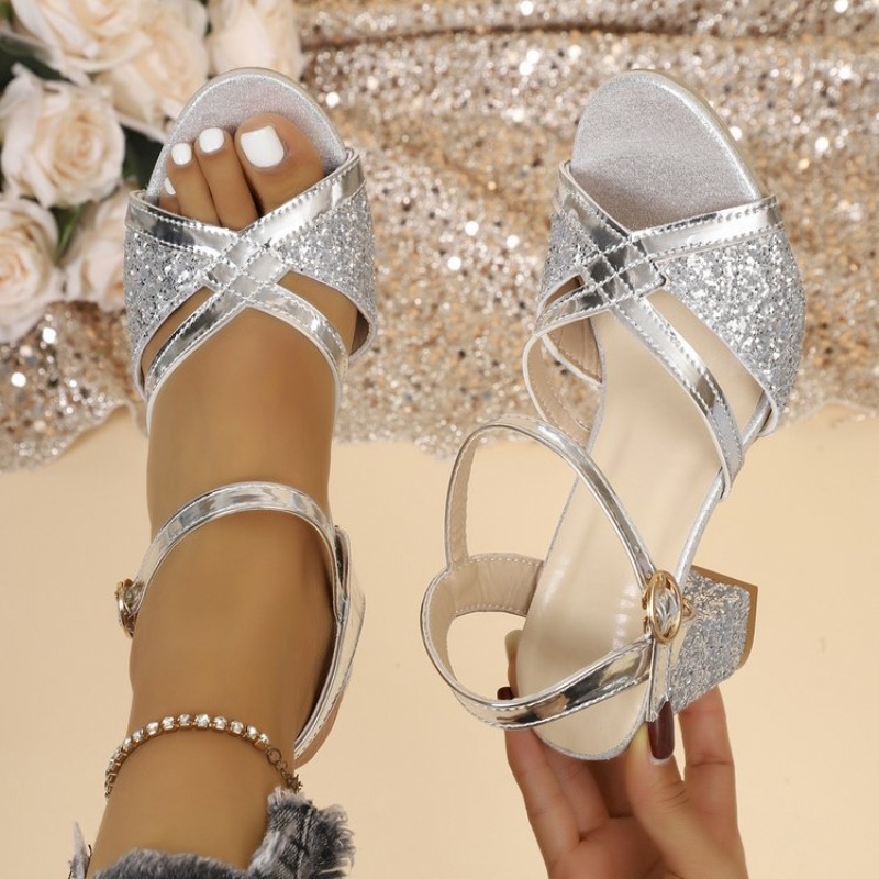 Women'S Formal Wear For Wedding - Damen Blockabsatz-Sandalen Gold Glitzernde Kreuzriemen Knöchelriemen