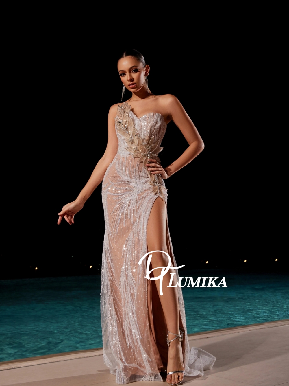 Unique Women'S Formal Wear - Formales funkelndes Meerjungfrau-Abendkleid, einzigartiges 3D-Blatt, zart,